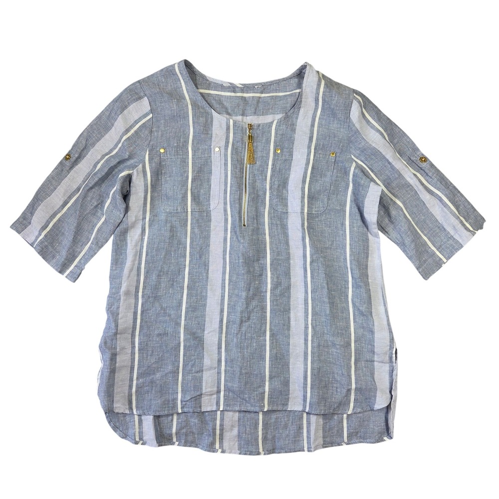 Ellen Tracy Blue White Striped 100% Linen Tunic Half Sleeve Zip Front Top Preppy